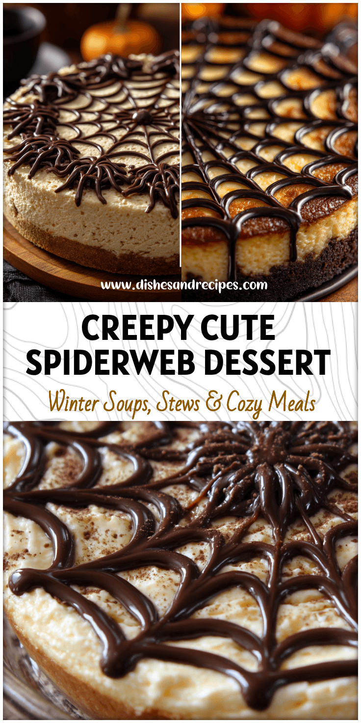 Creamy Halloween Spiderweb Cheesecake Dip topped with chocolate spiderweb design for spooky cheesecake lovers.